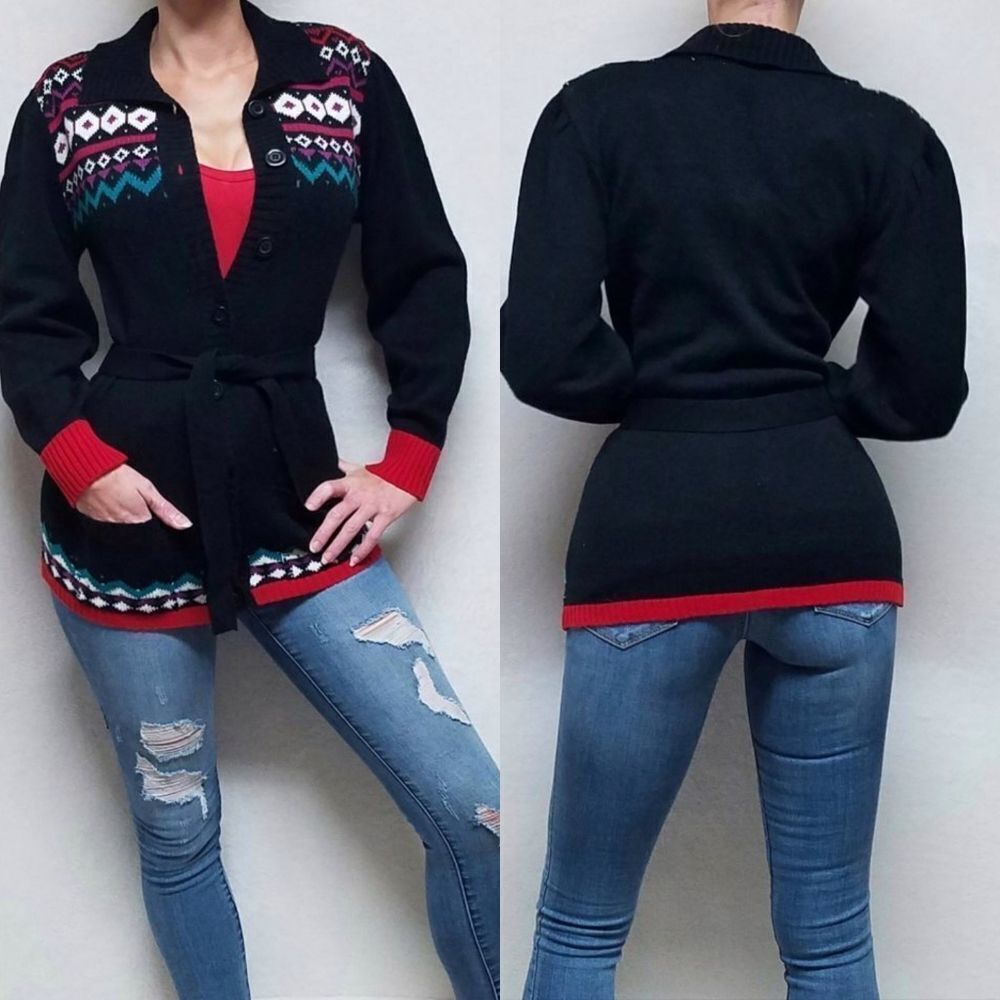 VINTAGE 1960s Ann Chabrol Fair Isle Belted Knit Colorblock Sweater Cardigan Med